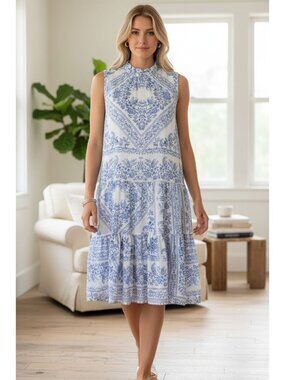 Calvin Klein Blue White Paisley Print Tiered Tie Mock Neck Shift Dress Size 8